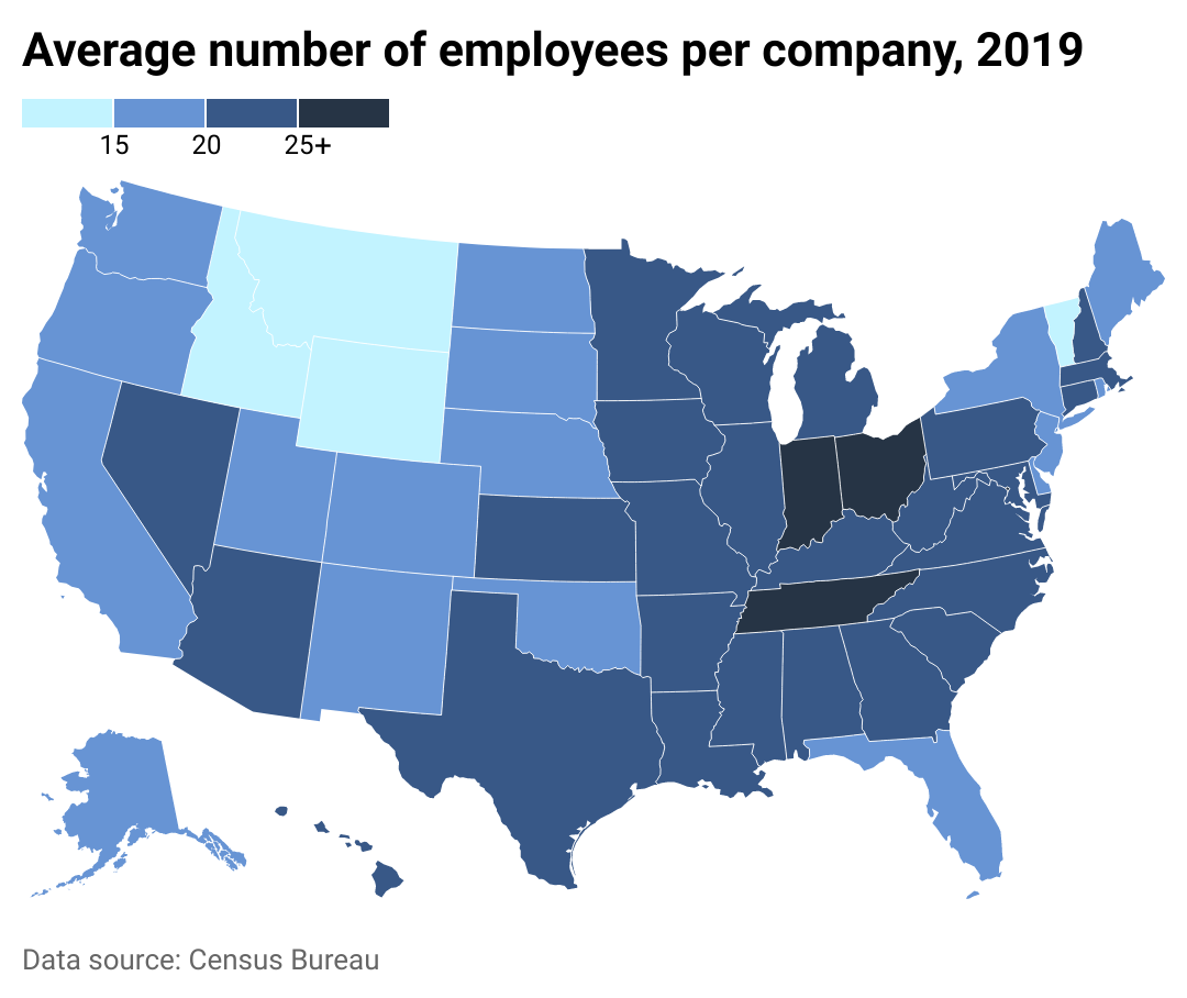 Heat map showing the average number of private workers in each state.