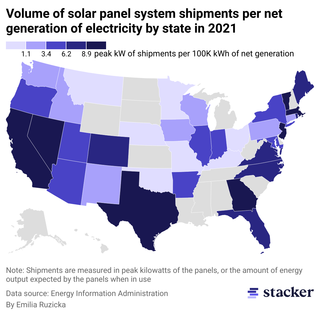A state-level map of the U.S. showing that solar panels have been installed across the country, not just on the west coast.