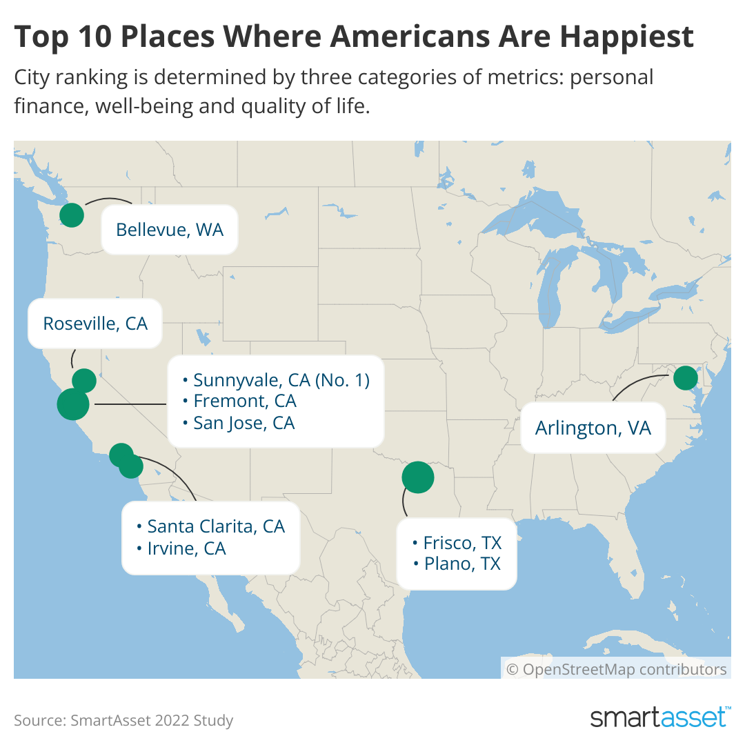 A map of the United States showing the ten happiest cities.
