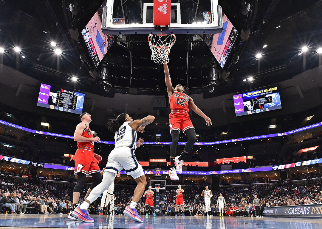 Ayo Dosunmu #12 of the Chicago Bulls goes to the basket during a game.