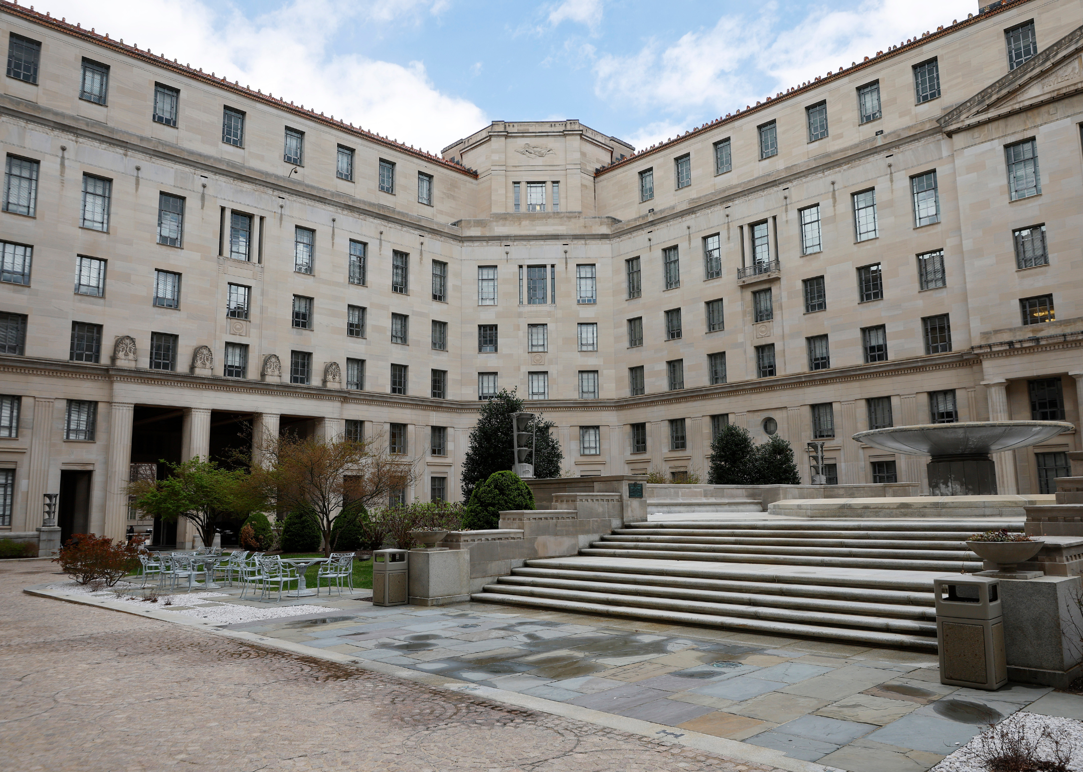 Exterior of the Department of Justice building's courtyard
