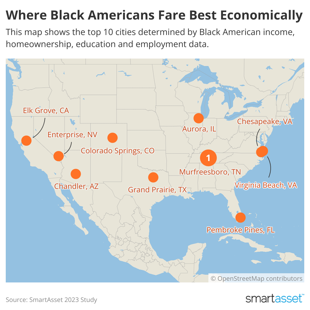 U.S. map pinpointing the top 10 cities where Black Americans fare best economically, determined by Black American income, homeownership, education and employment data. 