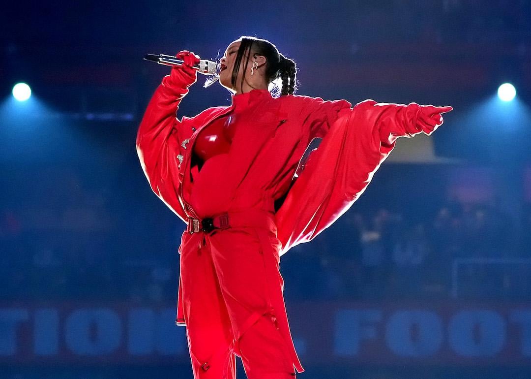Rihanna performing halftime show in all-red outfit at Super Bowl LVII.