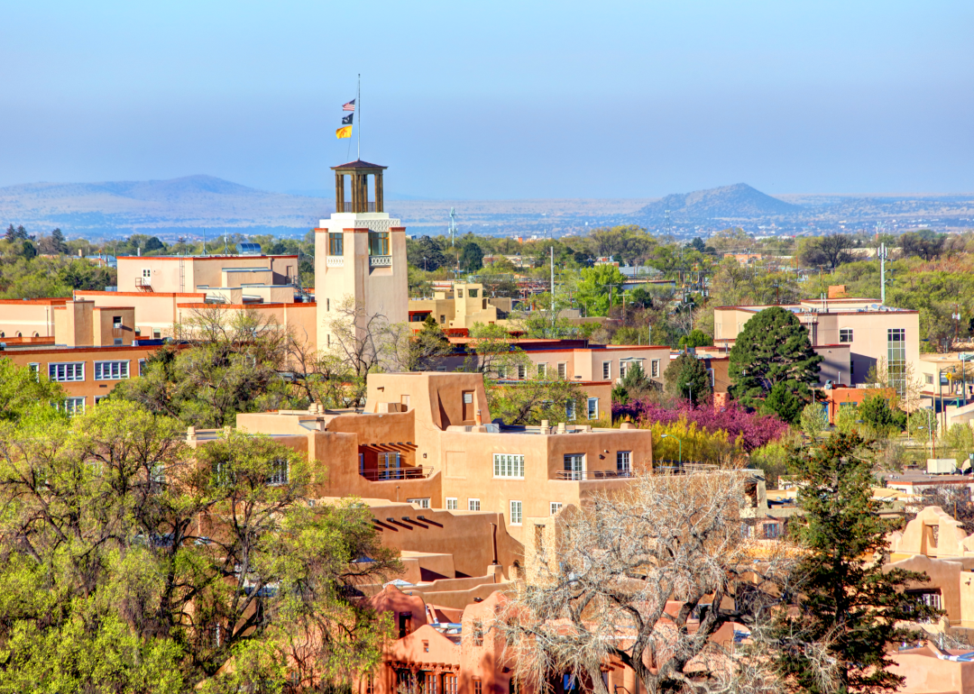 Aerial wide view of the Santa Fe skyline in New Mexico.