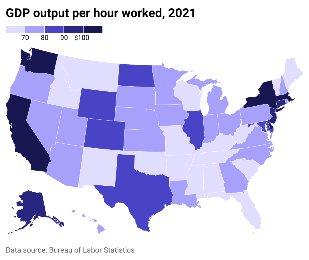 A heat map showing the difference in monetary value to an hour’s work in each state, measured as value-added output.