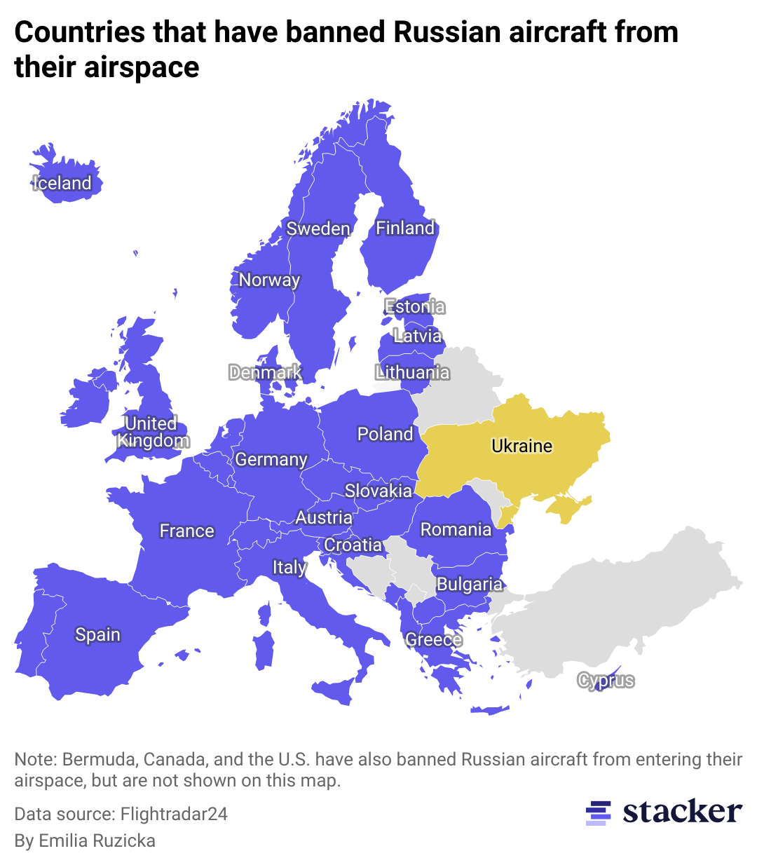 A map showing which European countries have banned Russian flights from their airspace.