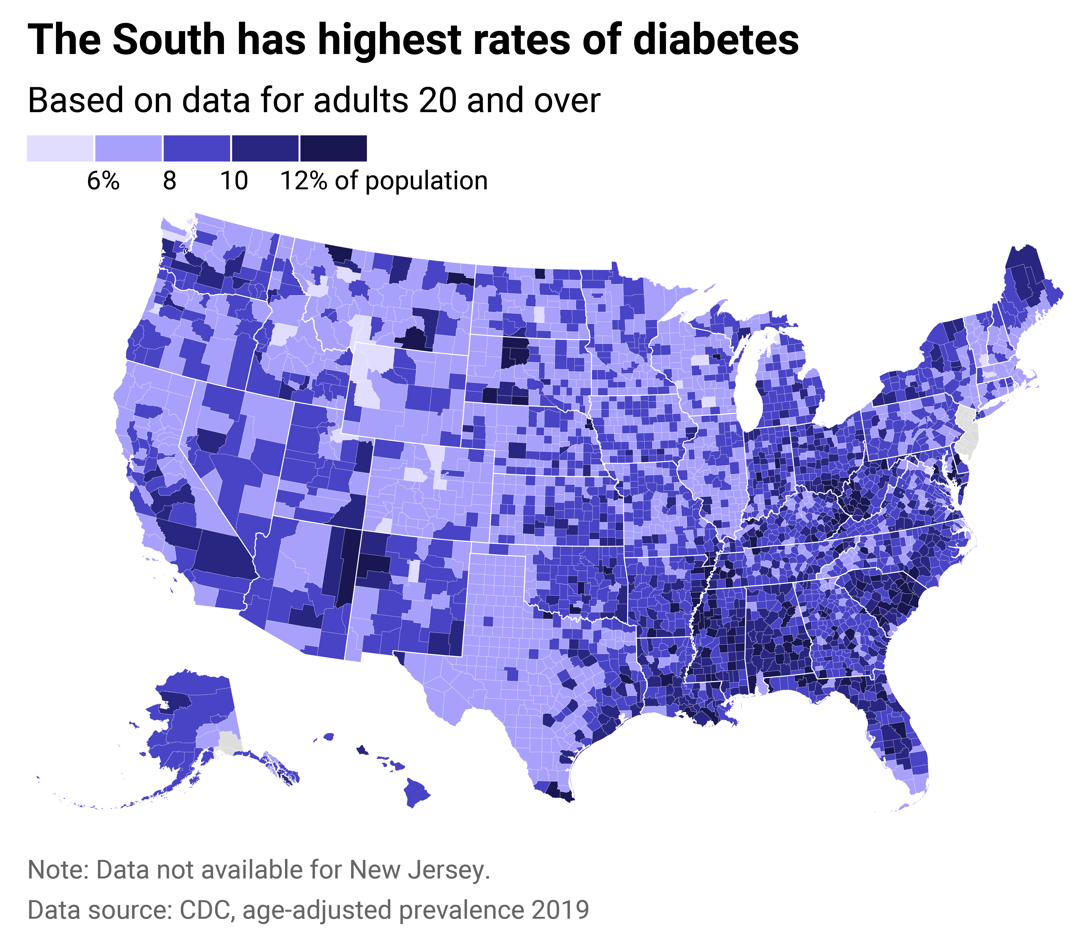 County map showing Southern U.S., especially South Carolina, Mississippi, and Alabama have the highest prevalence of diabetes.