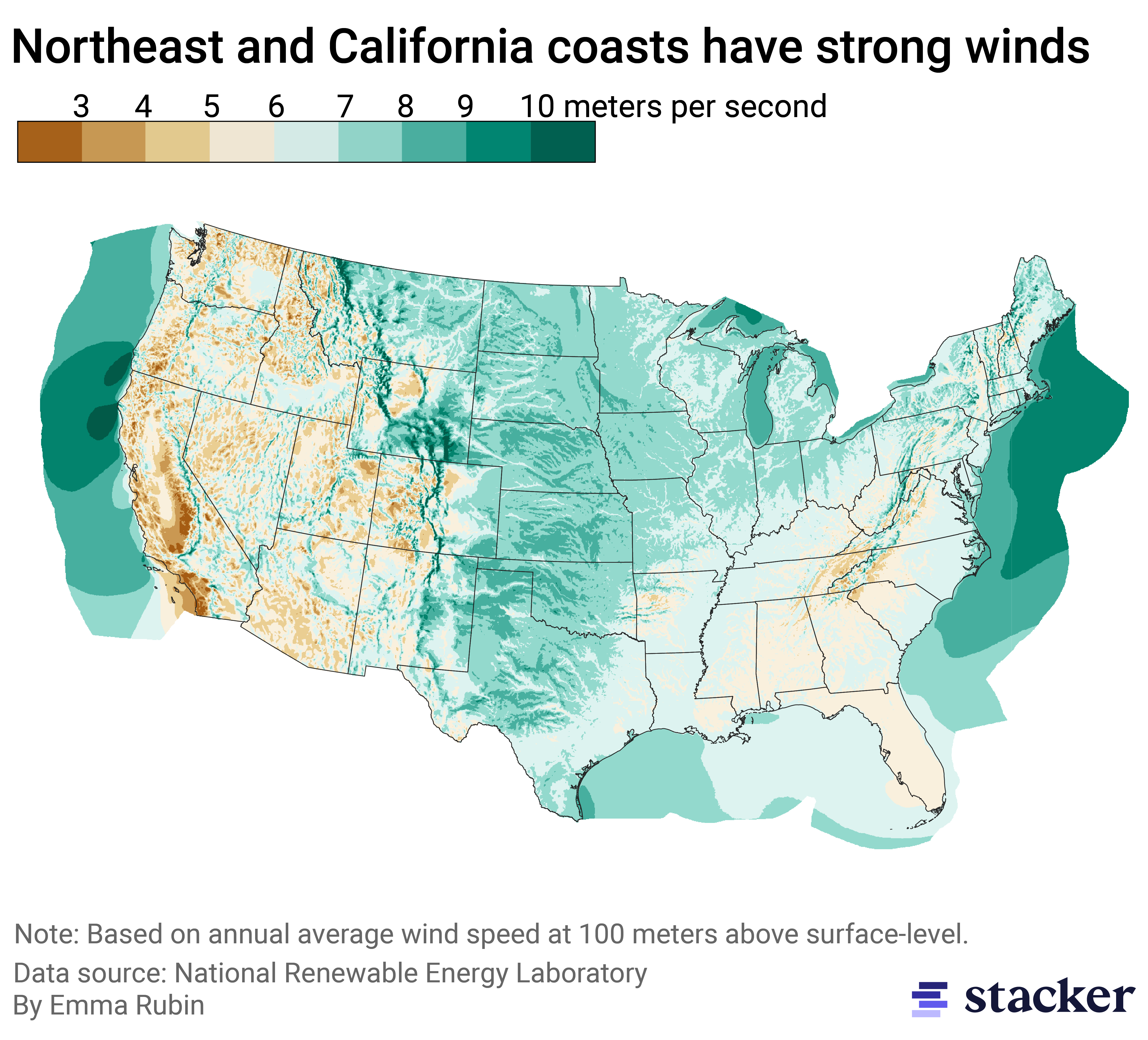 Map of the U.S. showing average annual windspeeds. California and New England have the highest.