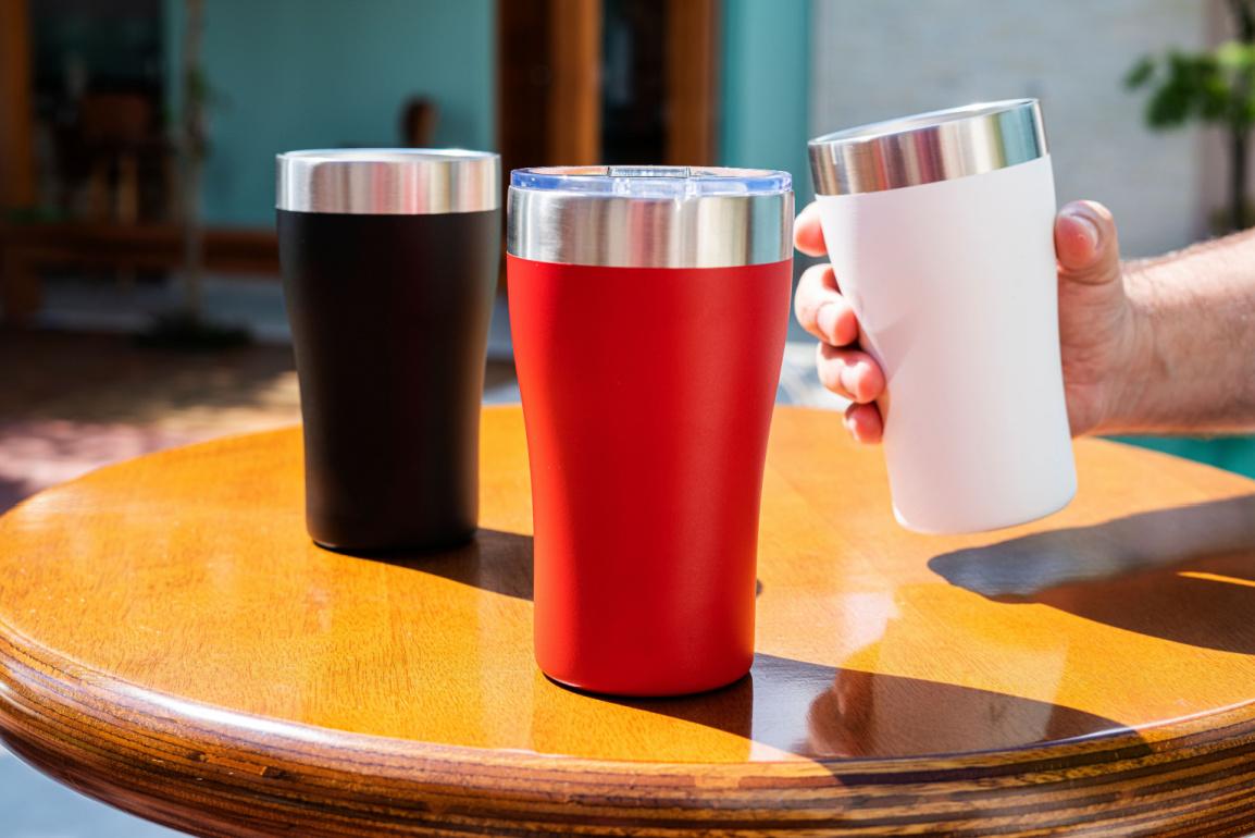 Three classic Stanley pint glass tumblers.