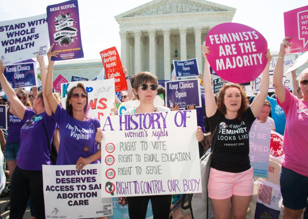 Image shows a medium shot of women at a rally in front of a government building holding signs with messages supporting women's rights