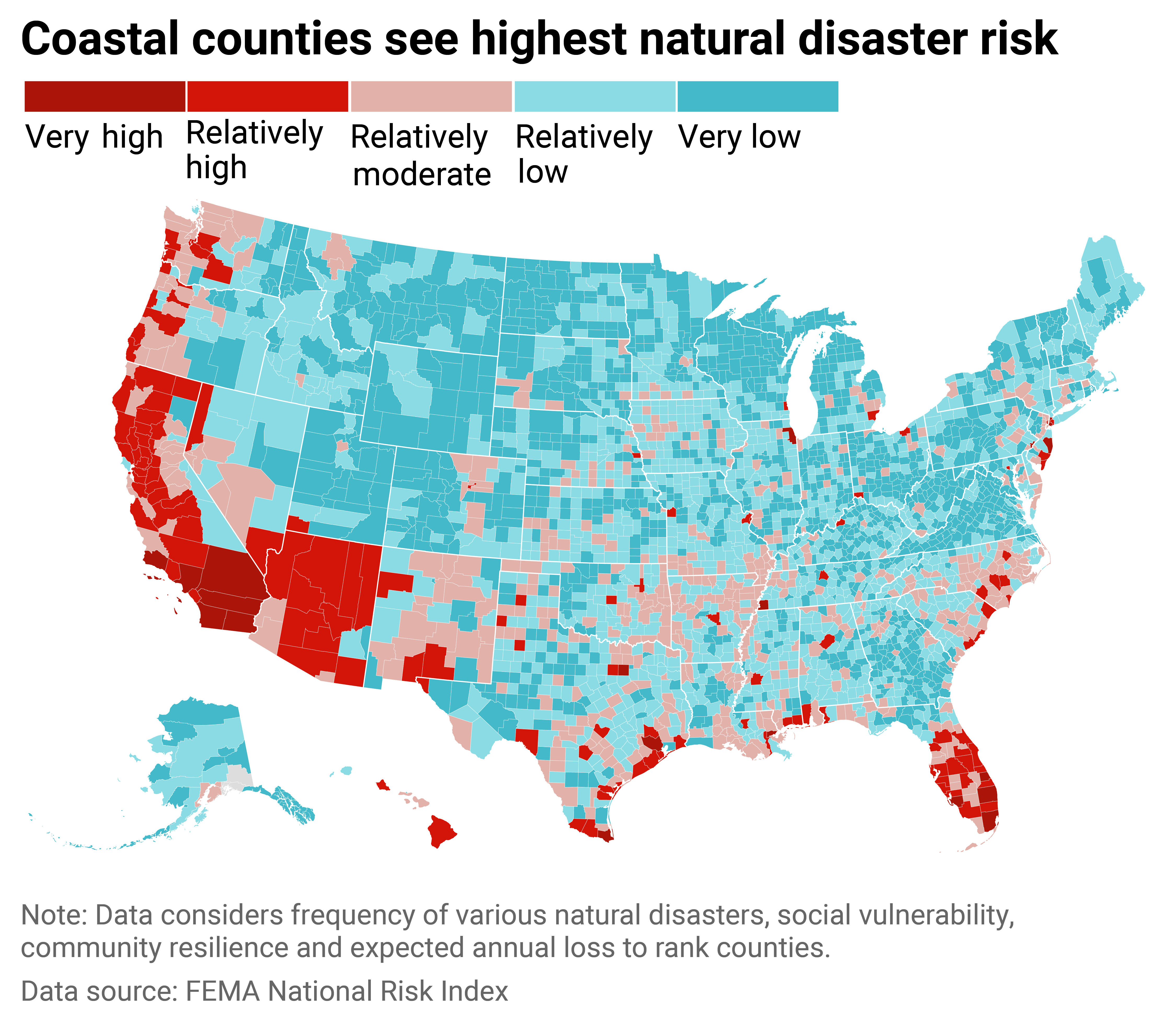 Map of natural disaster risk at the county-level.