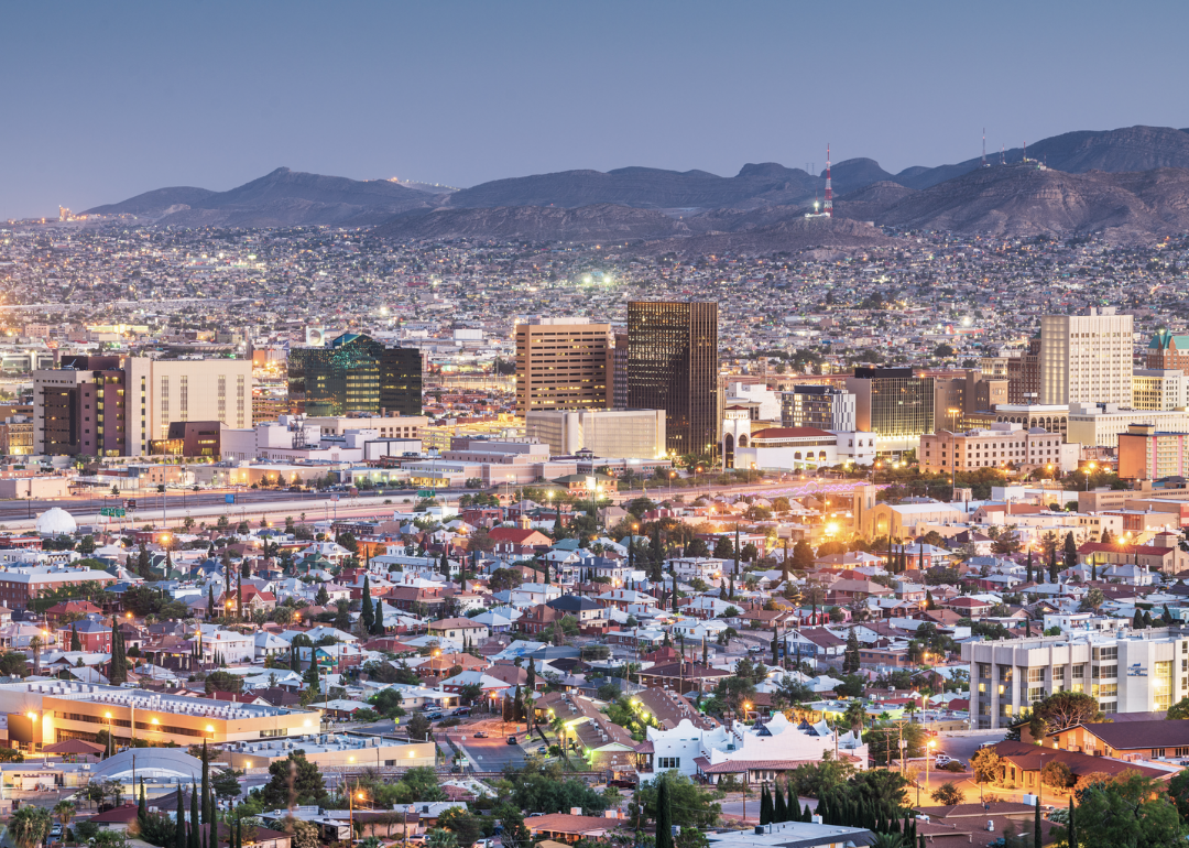 A distant aerial view of El Paso, Texas, in the evening.