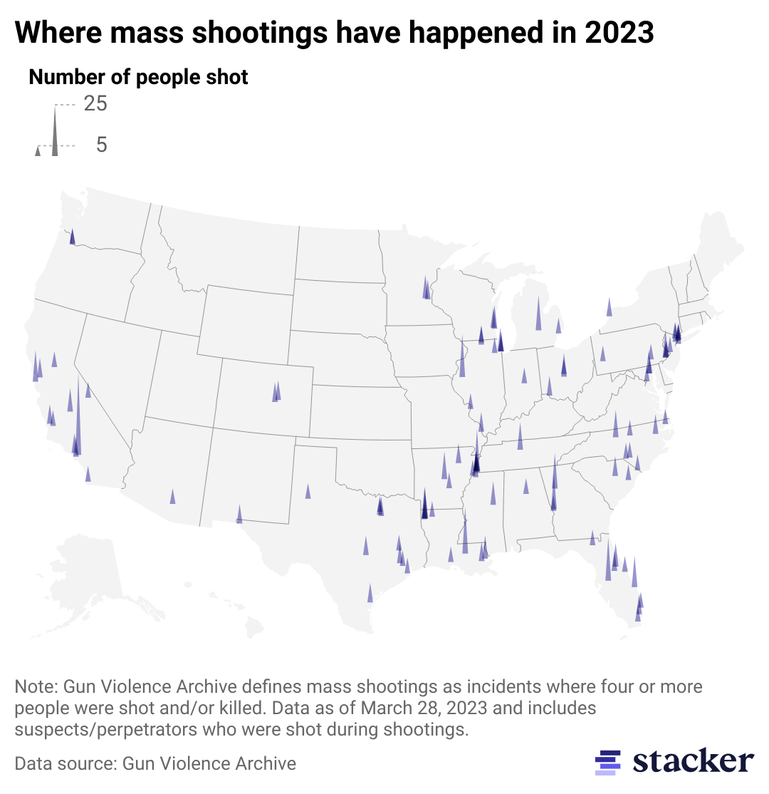 A pale gray map of the U.S. with purple locators for each mass shooting of 2023