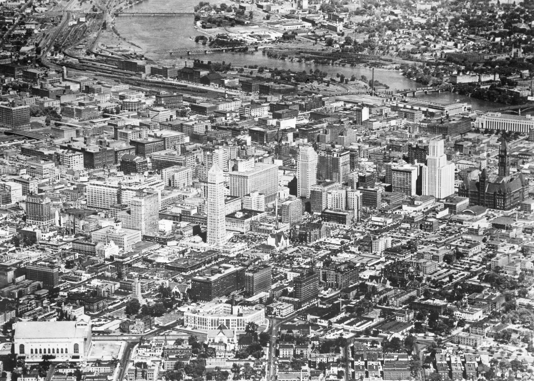Aerial view, looking north, of downtown Minneapolis, Minnesota, in the 1950s.