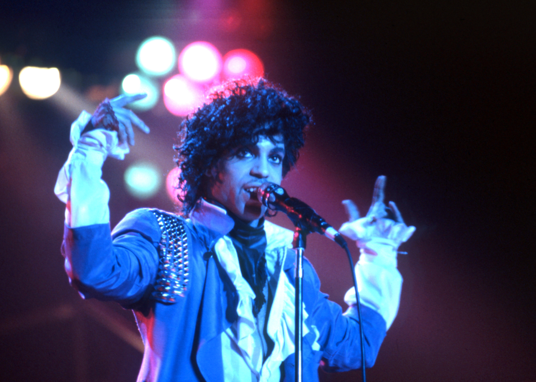 Prince performs onstage during the 1984 Purple Rain Tour at the Joe Louis Arena in Detroit, Michigan. 