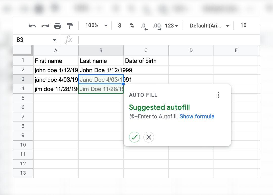 A screenshot of a spreadsheet showing a suggestion to autofill an entire column with a function which is being applied to a block of data with first and last names and dates of birth in messy formatting.