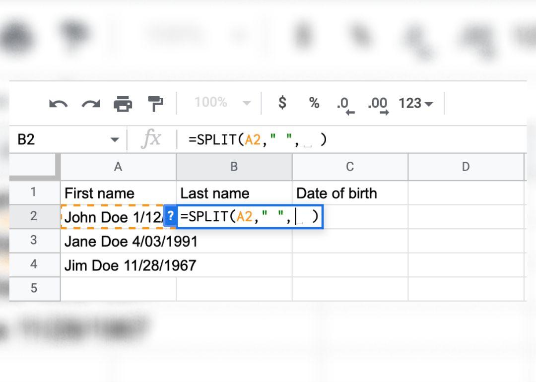 A close-up of several spreadsheet cells including columns for first name, last name and date of birth.