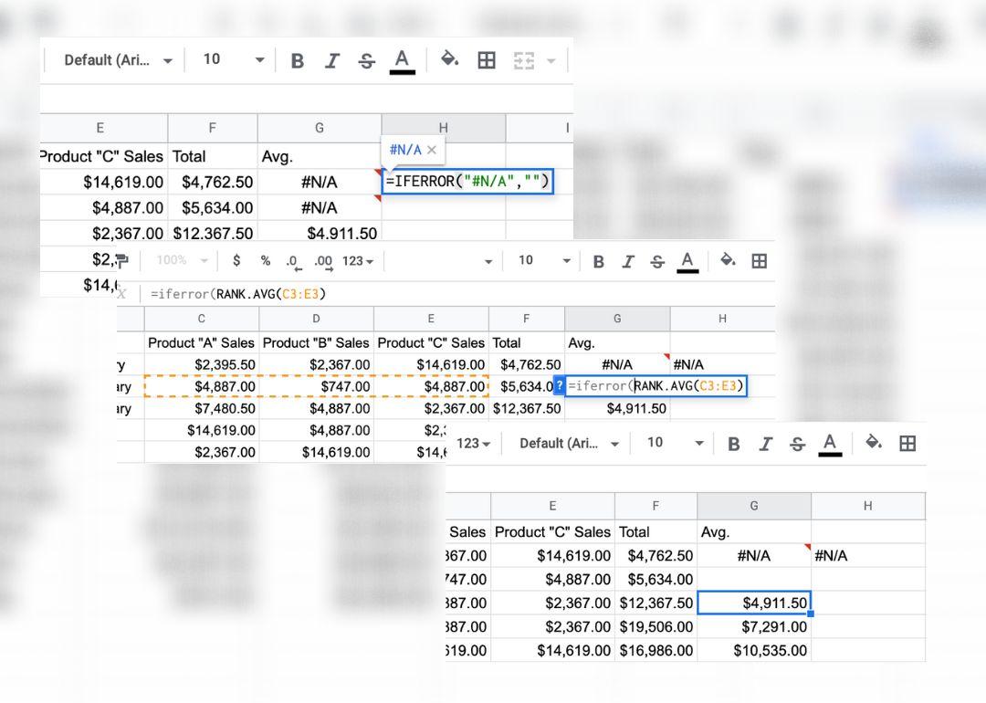 Three superimposed screenshots of a spreadsheet showing a cell with the a rule written. The other two images show the rule in effect.