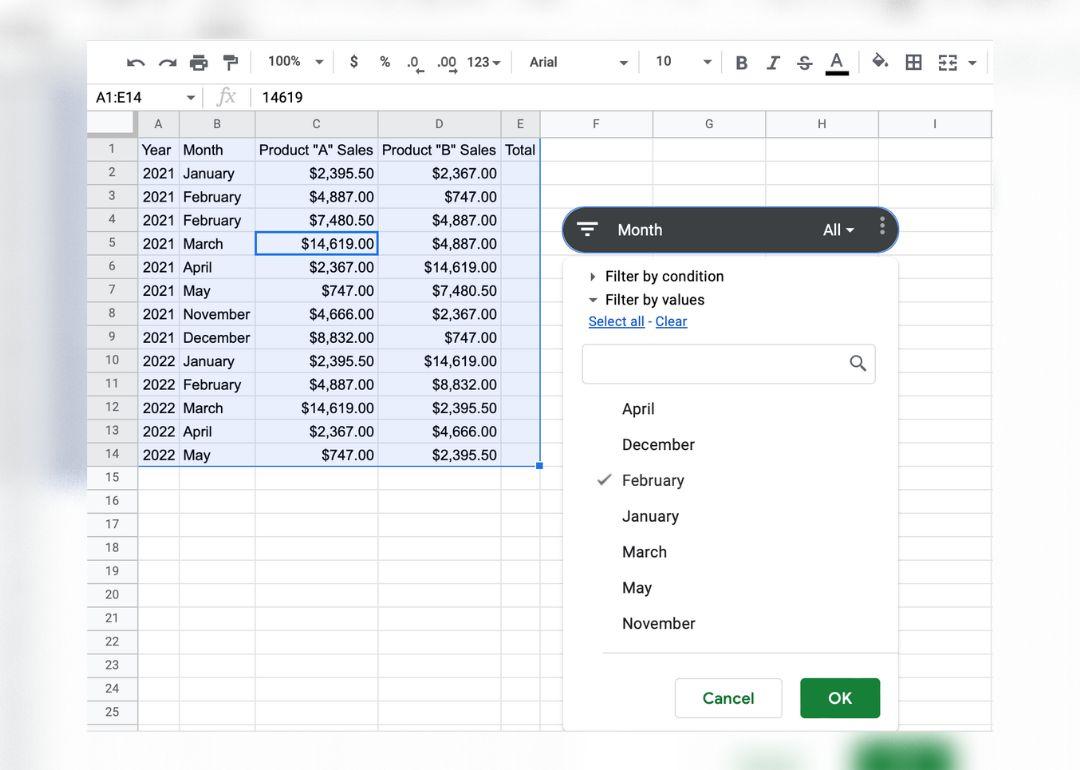 A screenshot of a spreadsheet with the data table highlighted and a so-called "slicer" button to the right of it. The slicer has a drop down list and the month of February is selected.