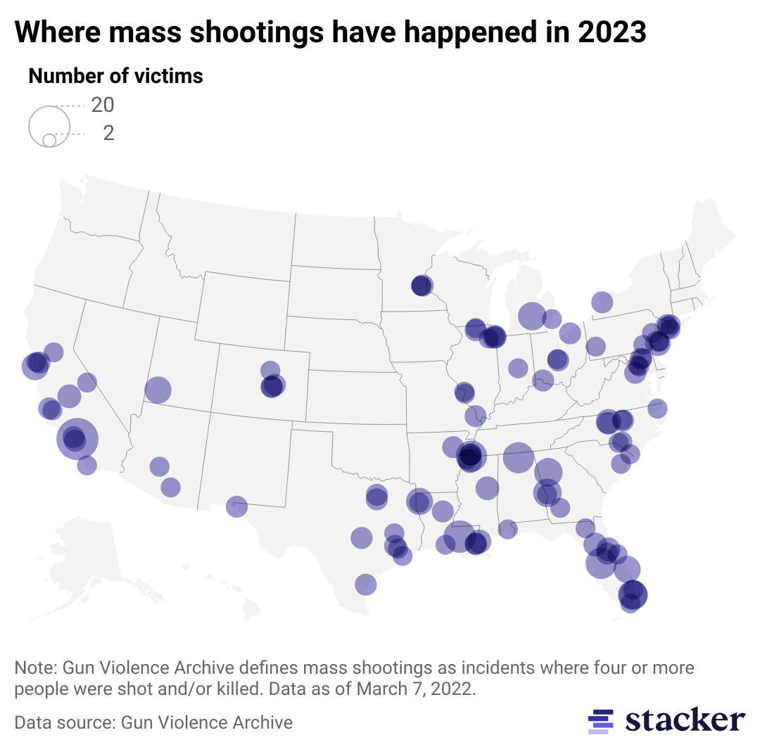 Map of mass shootings by location so far in 2023.