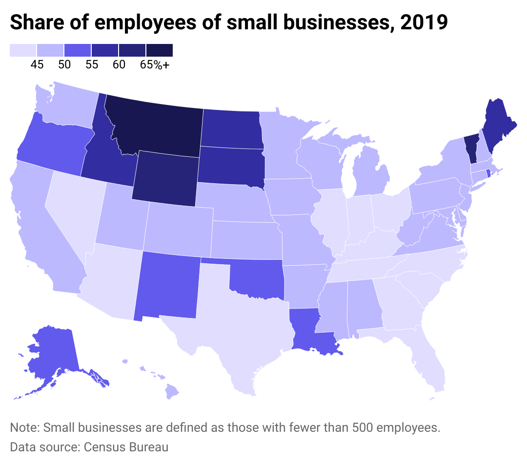 Heat map showing the share of private workers employed by small businesses in each state.