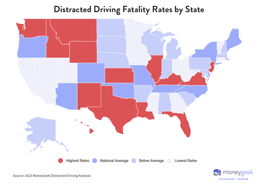 A map of the U.S. showing distracted driving fatality rates by state.