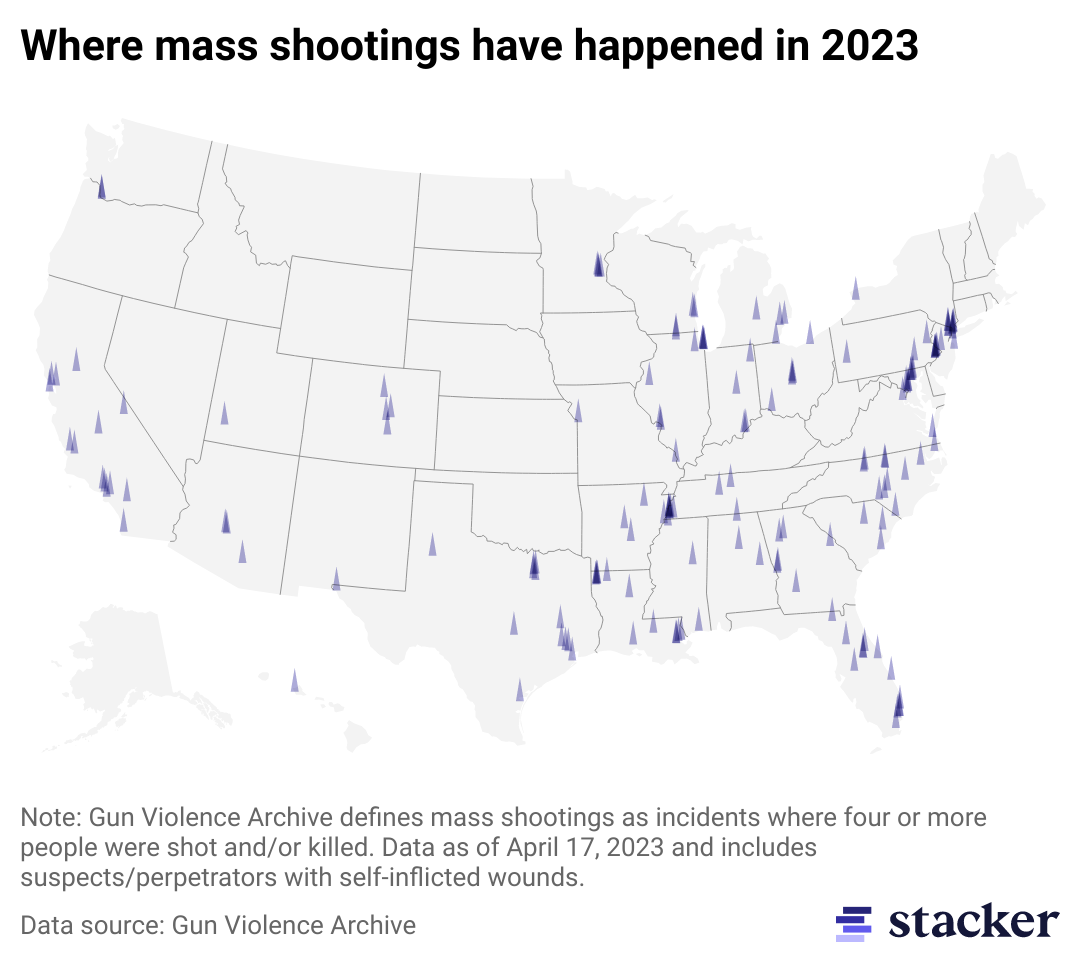 Pale gray map with purple triangular markers showing the locations of all mass shootings in 2023