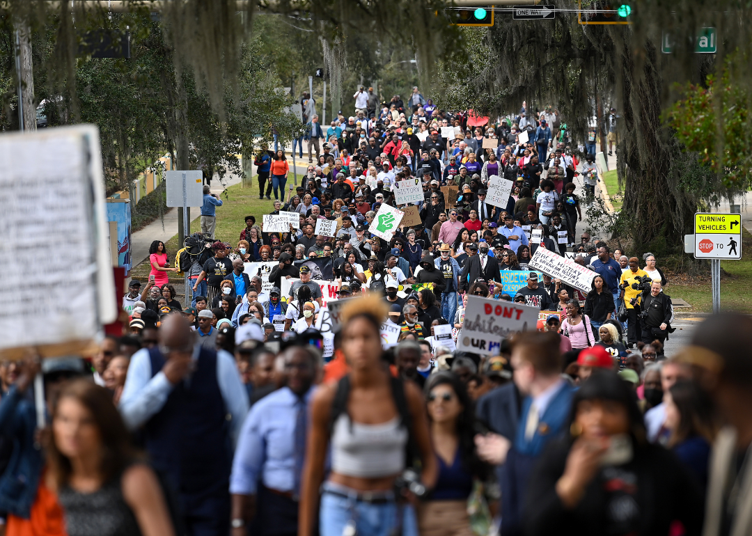 Demonstrators protest Florida Governor Ron DeSantis plan to eliminate Advanced Placement courses on African American studies in high schools