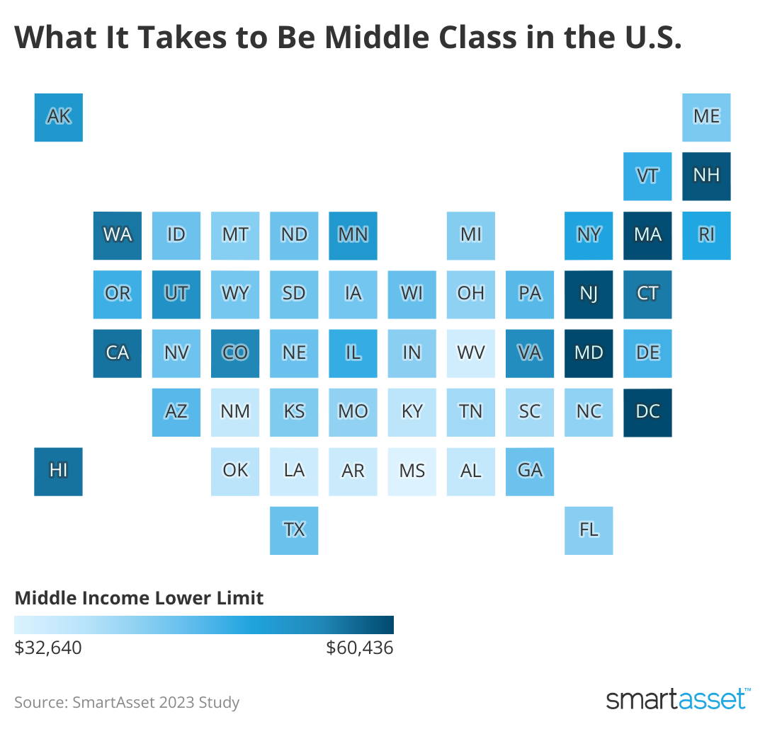 Map showing what it takes to be middle class in the US.