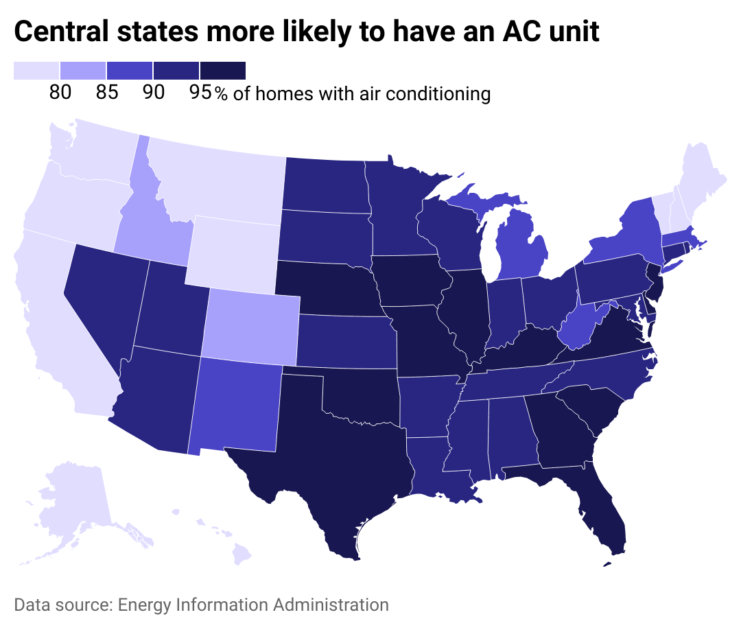 Heat map showing states more likely to have AC unit in the US.