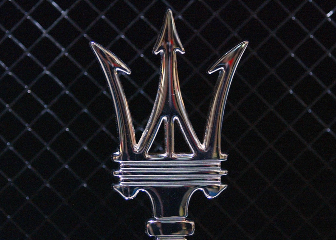 A closeup of the Maserati logo.