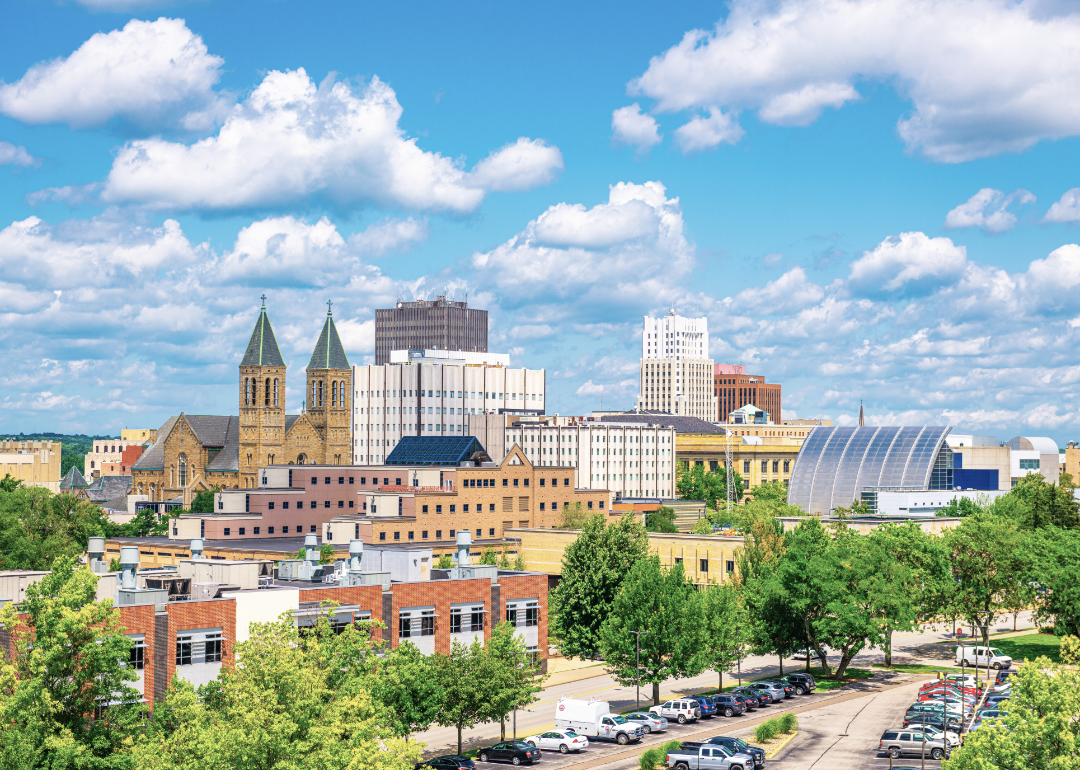 Daytime view of the Akron Ohio skyline.