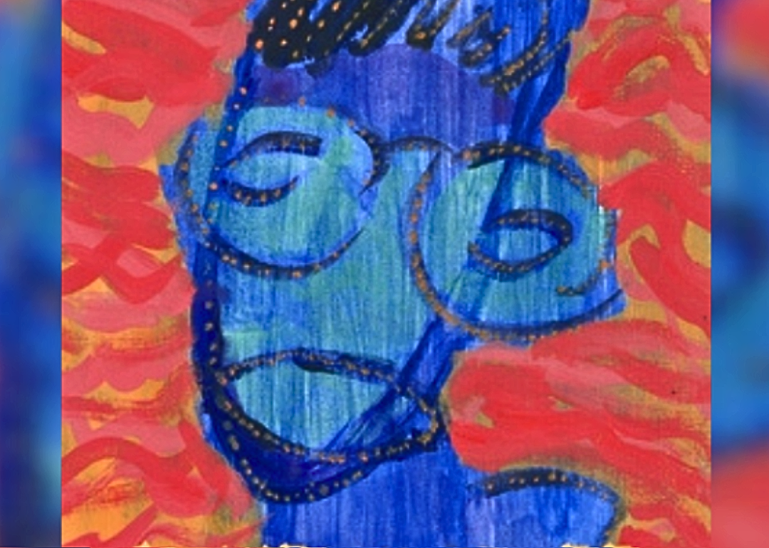 A blue-and-red abstract painting of a face from the cover of "Funeral Diva."