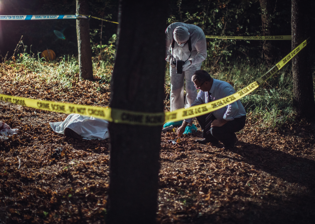 A detective examining a crime scene in a forest.