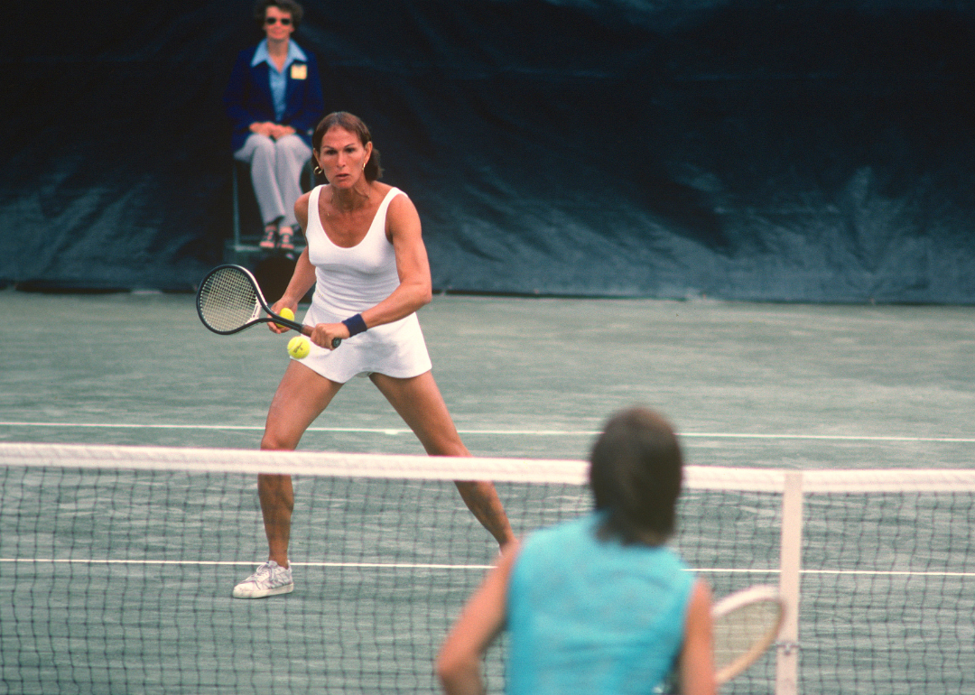 Renee Richards hitting a return during the Women's 1977 US Open Tennis Championships at Forest Hills in the Queens borough of New York City.