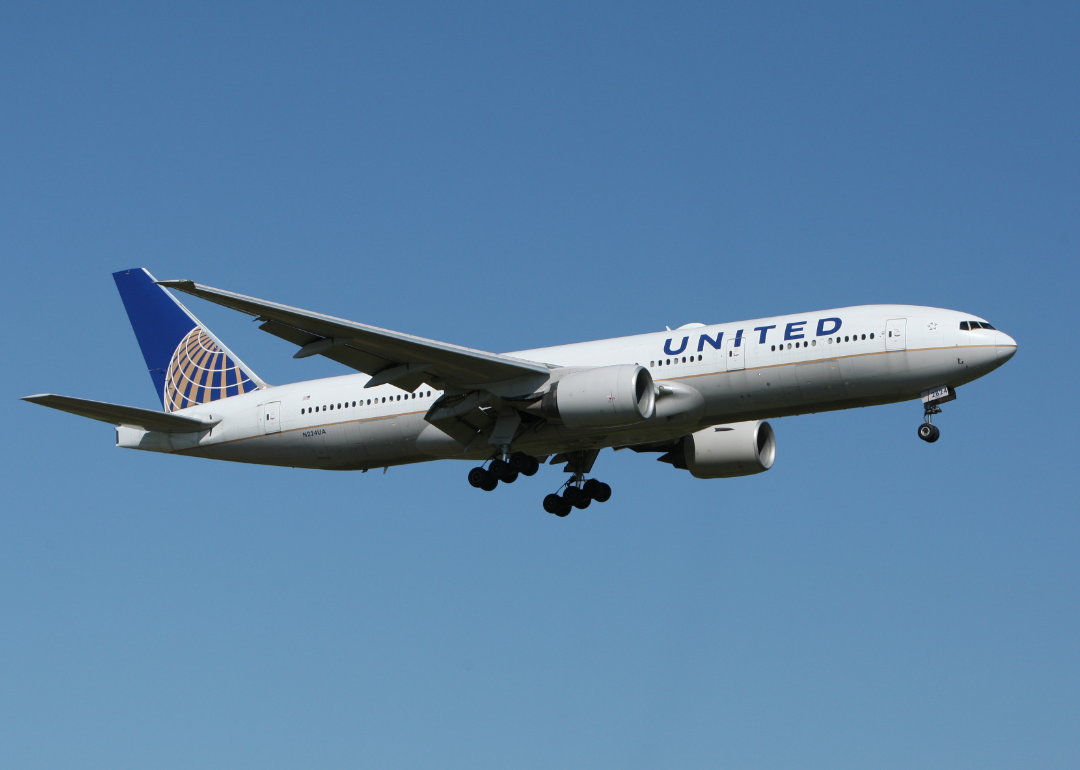 A United Airlines jet in flight.