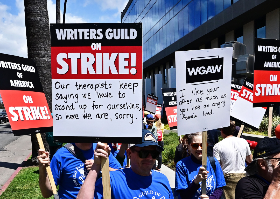 Writers picket in front of Netflix on Sunset Boulevard in Hollywood, California, on May 2, 2023.