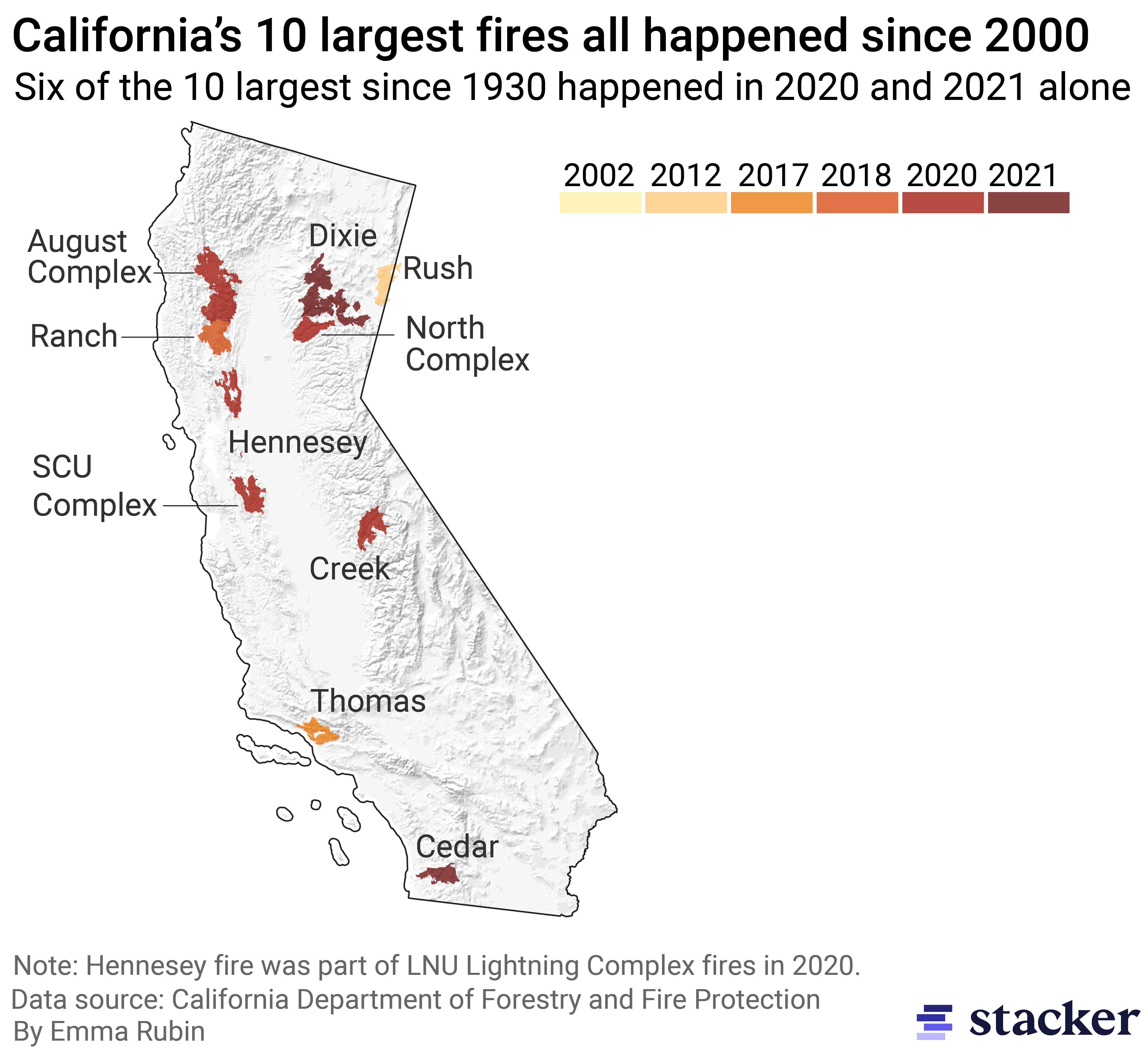Map showing the 10 largest fires in California since 1930 have all happened since 2002. Six happened in 2020 and 2021 alone.