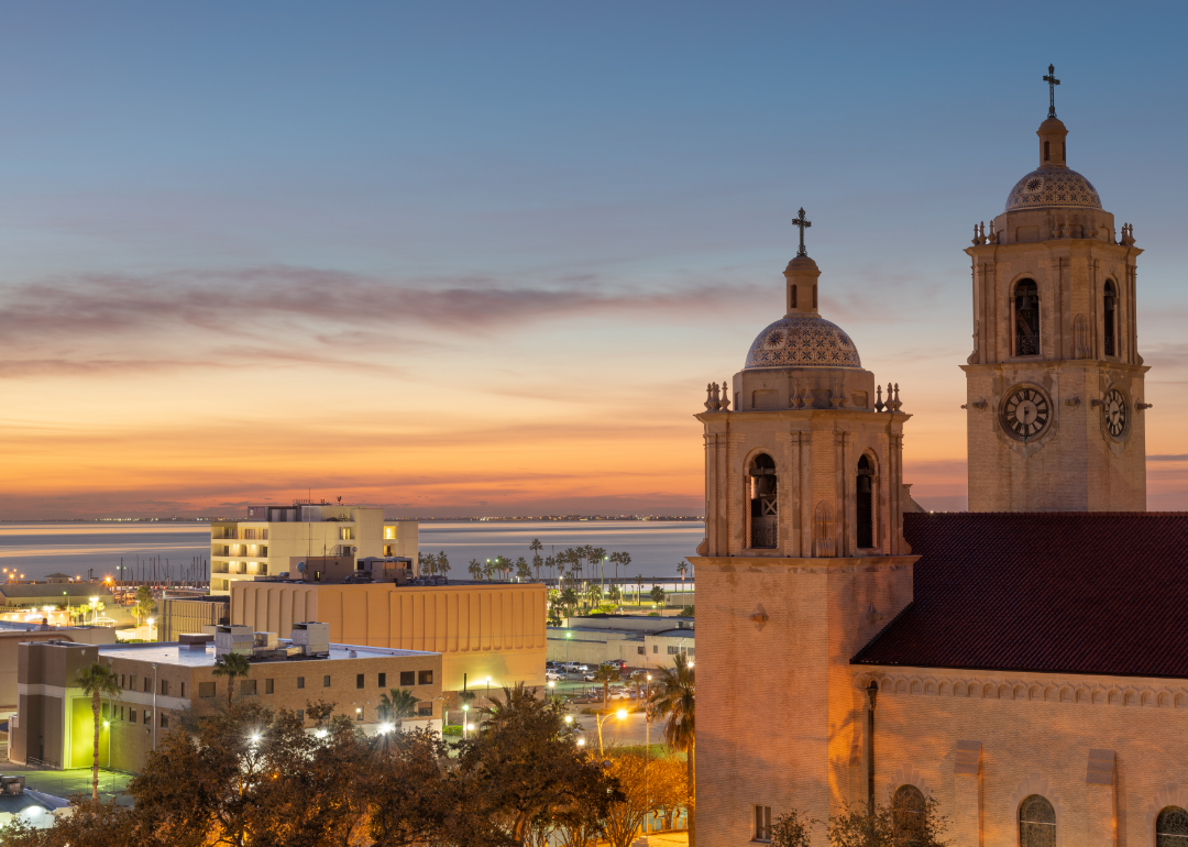 A view of the Corpus Christi Cathedral at sunset.