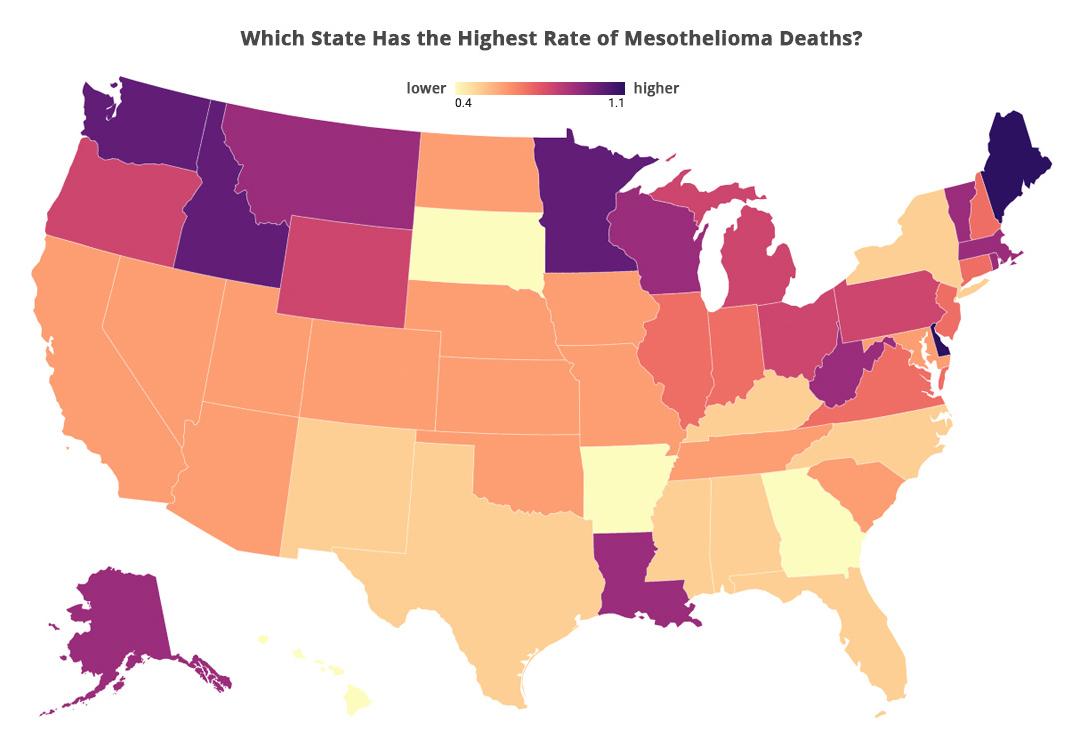 A map of the U.S. where states are shaded according to their rates of mesothelioma deaths.