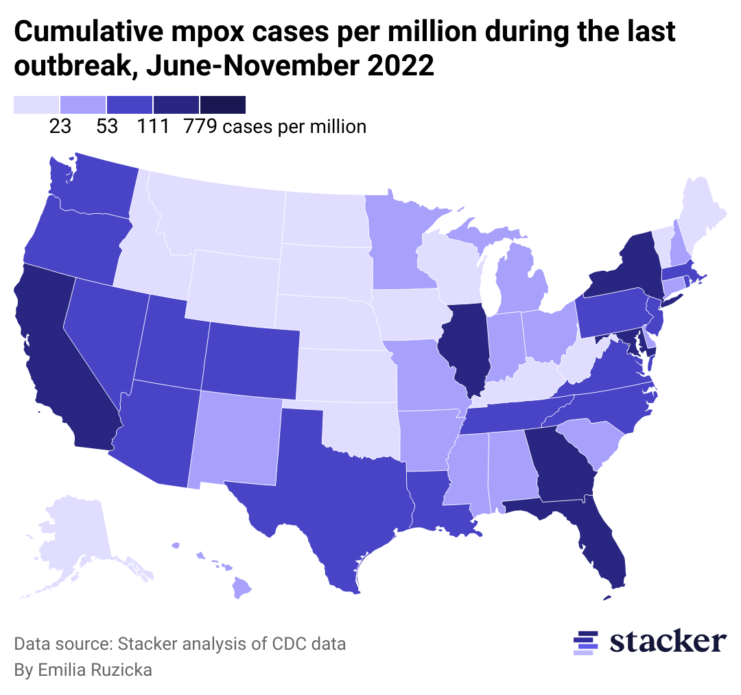 A map of the US showing cumulative mpox cases from June to November 2022