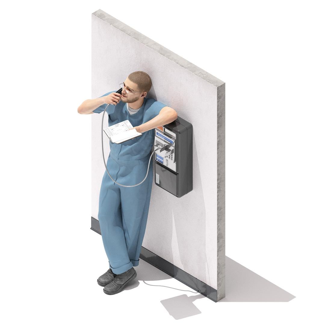 "Fugee*," 26 A man leans against a wall while talking on a payphone and holding a book.