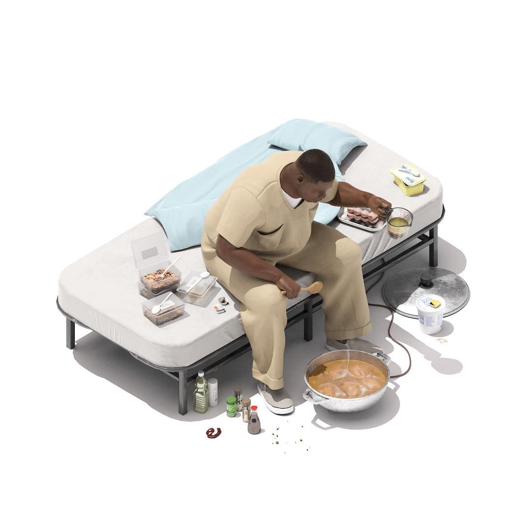 Courtney Sargent, 37 A person sits on a bed, with bags and plastic containers around, mixing items into a metal bowl on the floor.