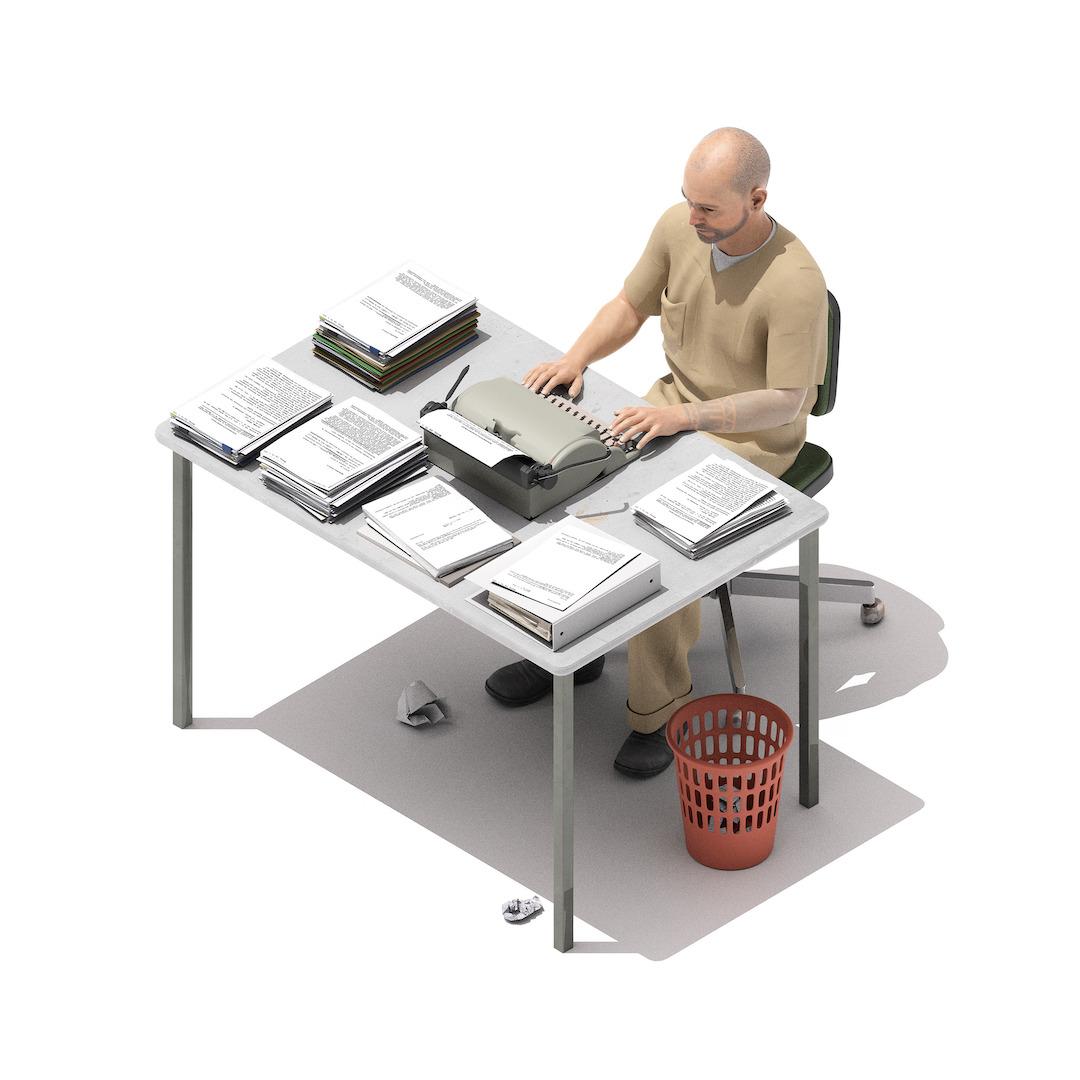 Richard Spillane, 61 A person sits at a desk with a typewriter and various piles of paper around.