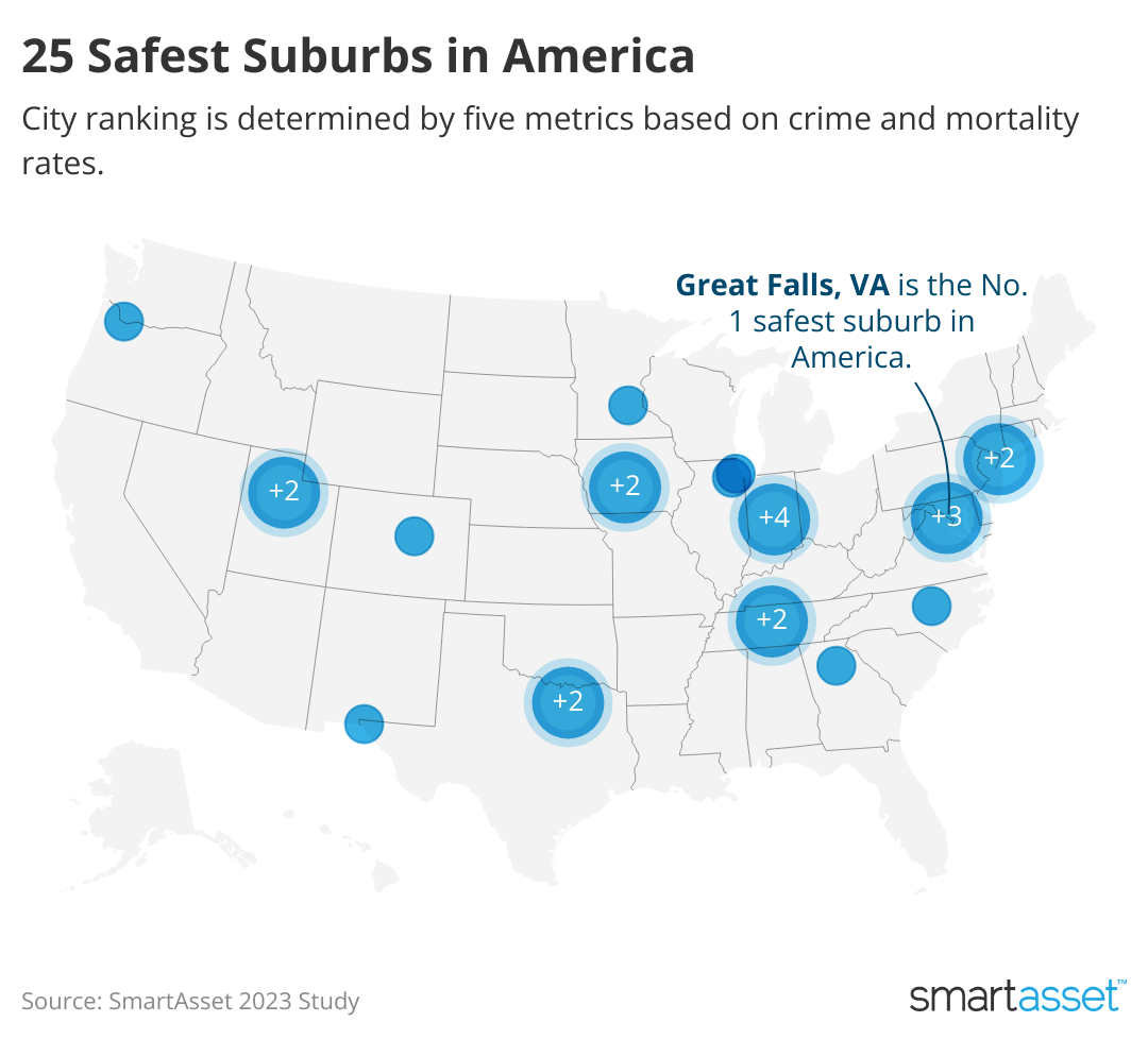 A map of the U.S. with dots marking the locations of the 25 safest suburbs in the country.