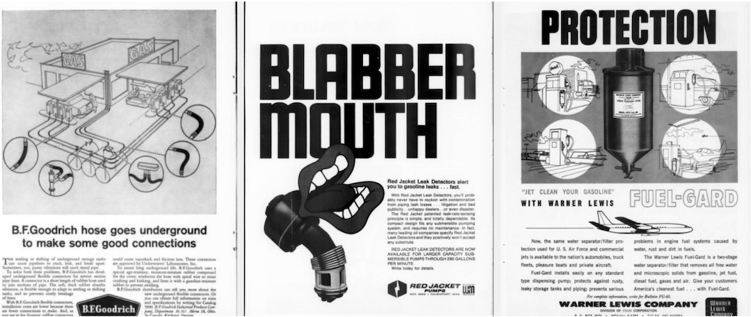 Black-and-white magazine advertisements about the potential for underground tank leaks.
