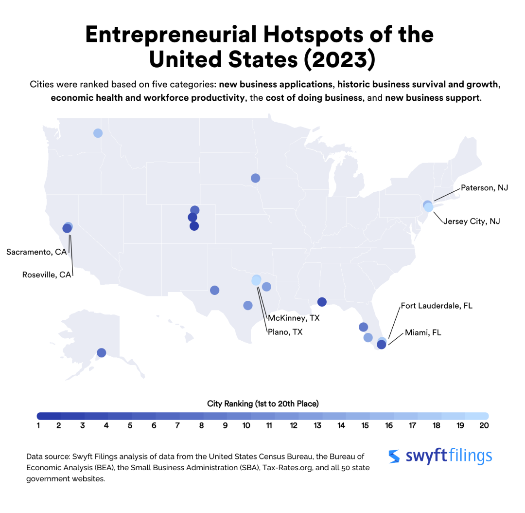 A map of the U.S. showing top hotspots for entrepreneurship in 2023.