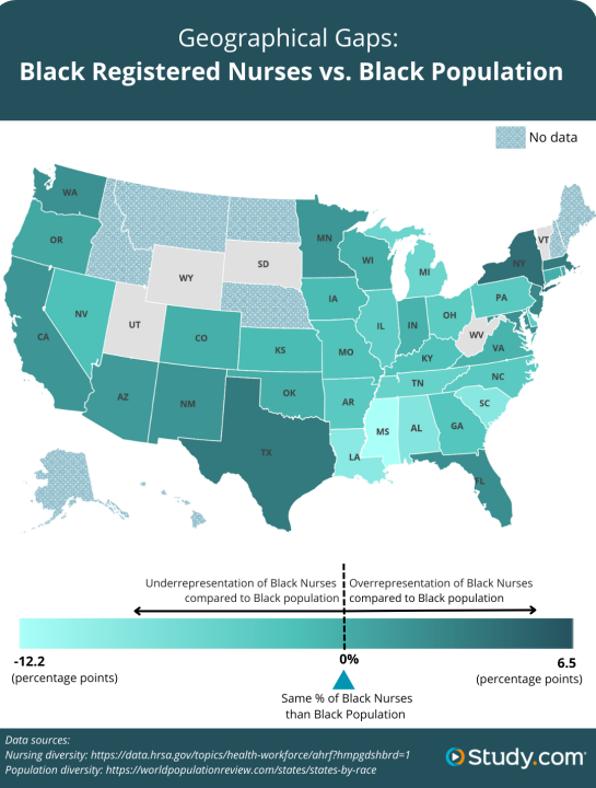 A geographic map of the US showing Black registered nurses in each state against the Black population of each
