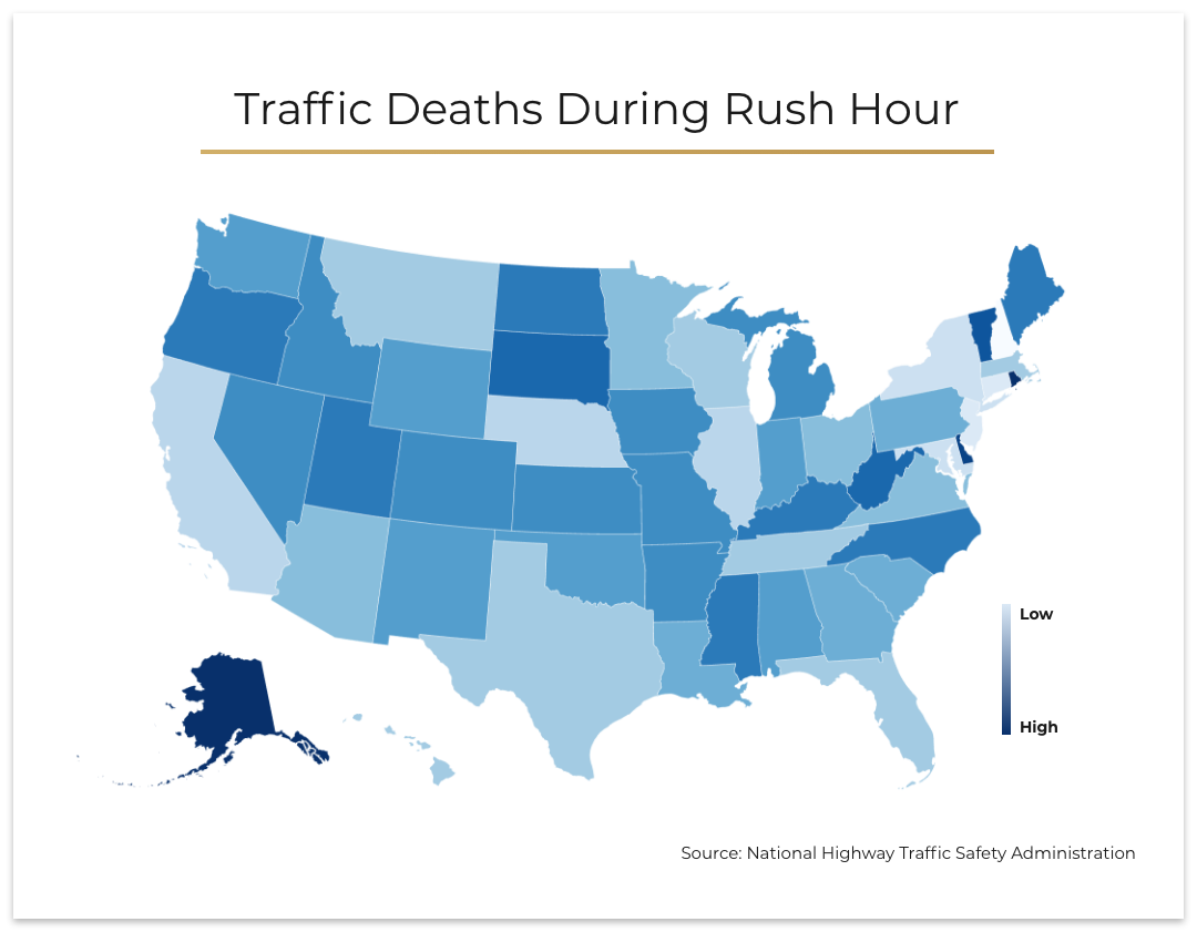 A map of the U.S. with the states shaded according to how deadly their rush hours are.