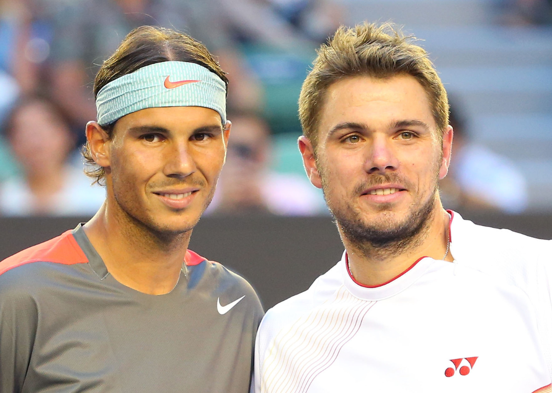 Rafael Nadal and Stanislas Wawrinka pose for a photo ahead of their final match during the 2014 Australian Open.